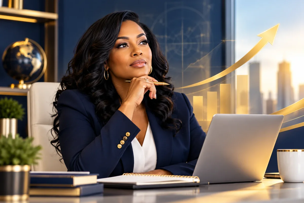 A business owner at her desk thinking through a growth strategy